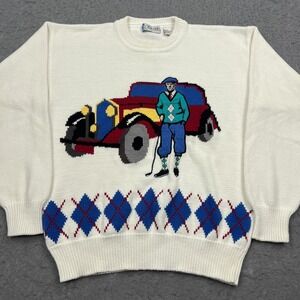 VTG Players Golf Sweater Men's Medium White Knit Car Argyle Pullover Grandpacore